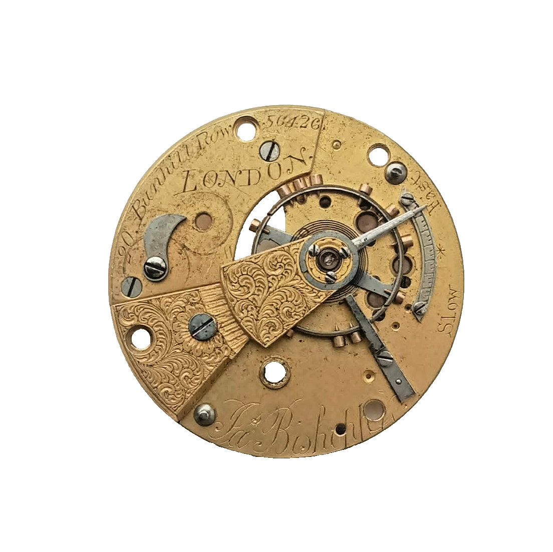 Antique Jas Bisshop Pocket Watch Mechanism Plate 20 Bunhill Row London