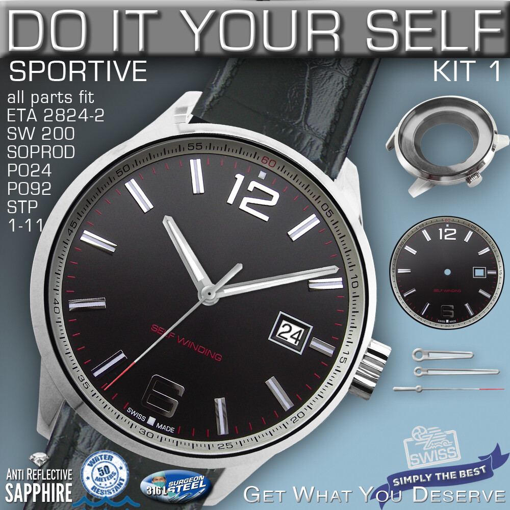 DO IT YOURSELF KIT 1: SPORTIVE CASE 40MM, DIAL, HANDS, fit ETA 2824, SW200