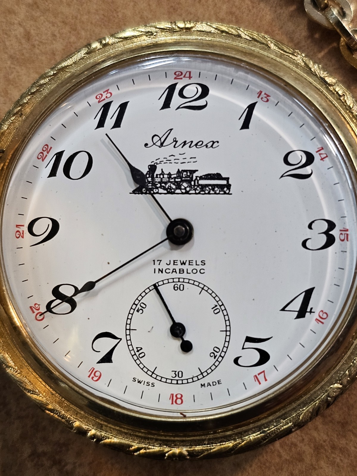 EXC. FINE ARNEX 17J INCABLOC RAILROAD POCKET WATCH CHAIN – RUNS WELL GREAT TIMER