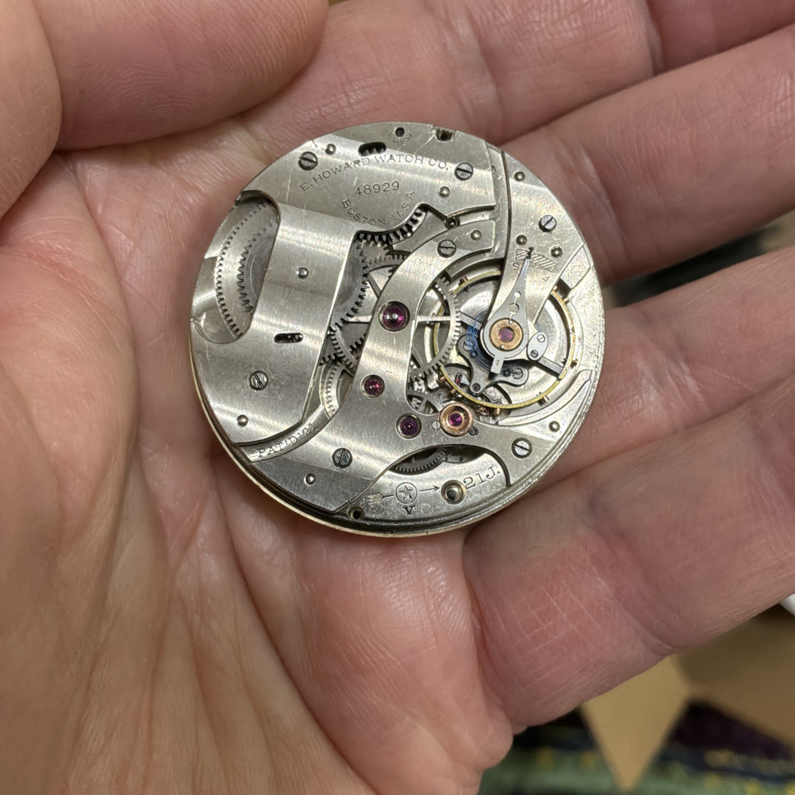 RARE E. Howard Model 1921/Series 15 Pocket Watch Movement 21J 10s For Repair