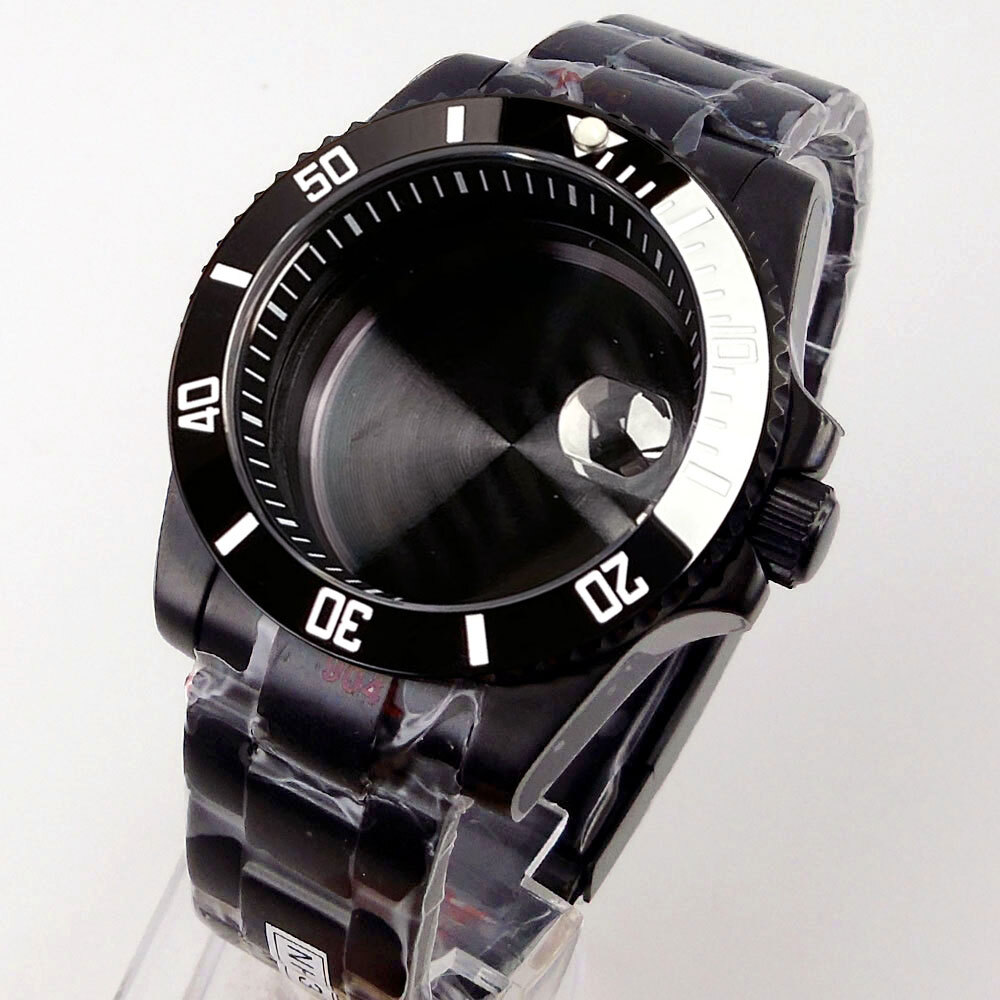 40mm Black PVD Sapphire Glass Watch Case Fit NH35A NH36A ETA2824 PT5000 Rubber