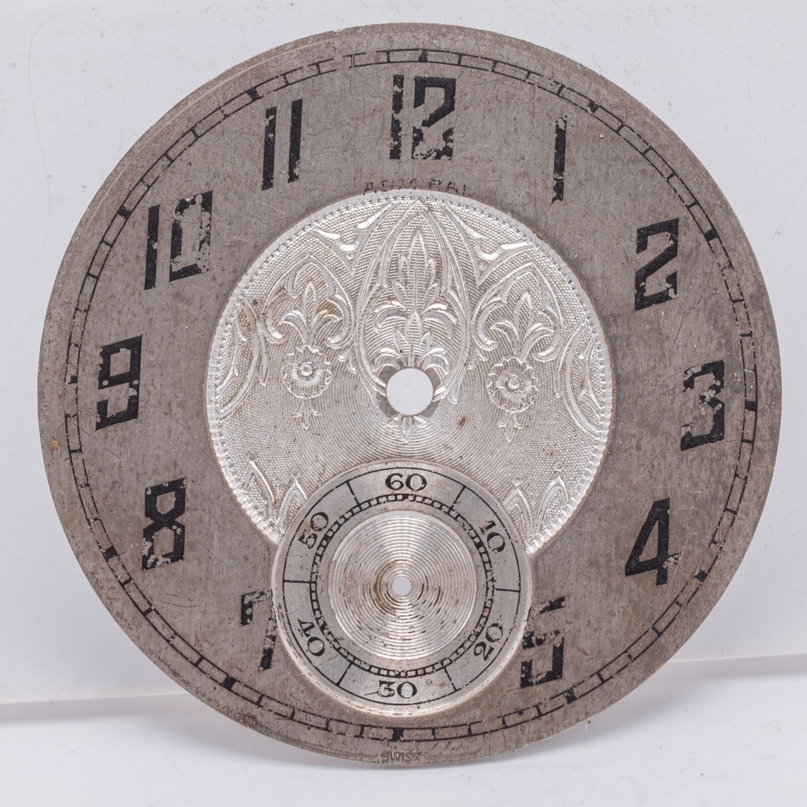 Admiral – Le Prelet 10s Arabic Numeral Engraved Silver Pocket Watch Dial 37.97mm