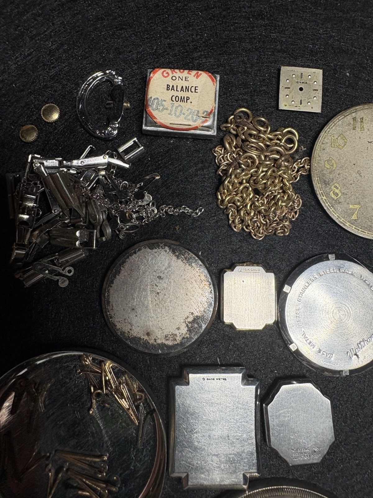 Vtg Watch Repair Lot Elgin Bulova Waltham Dials Hands Cases Parts Movements
