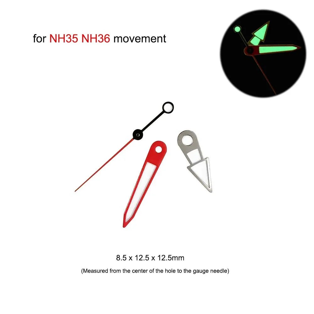 Silver Red Black Watch Hands with Green Luminous for NH35 NH36 Movement