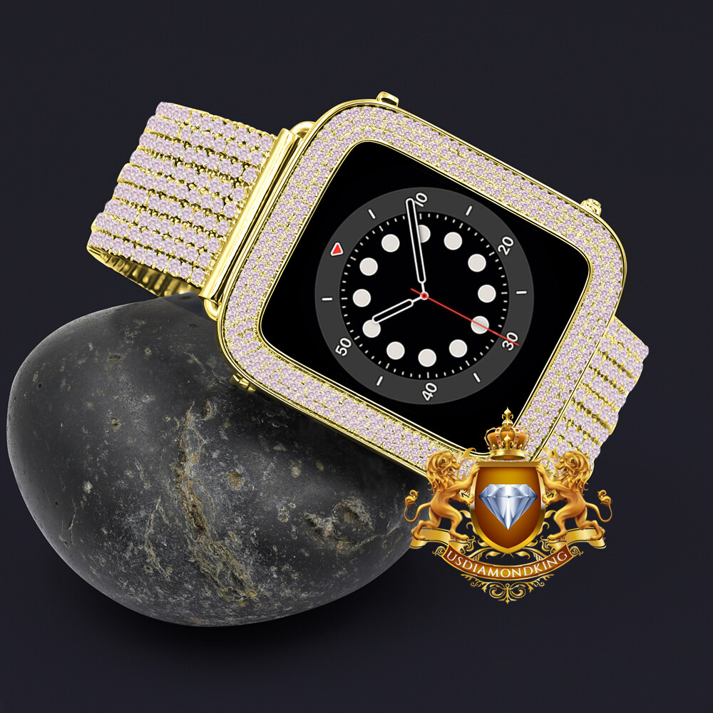 Pink Gold Tone Apple Watch Custom Pave Bezel & Band Combo Set 44mm Fit # 4,5,6