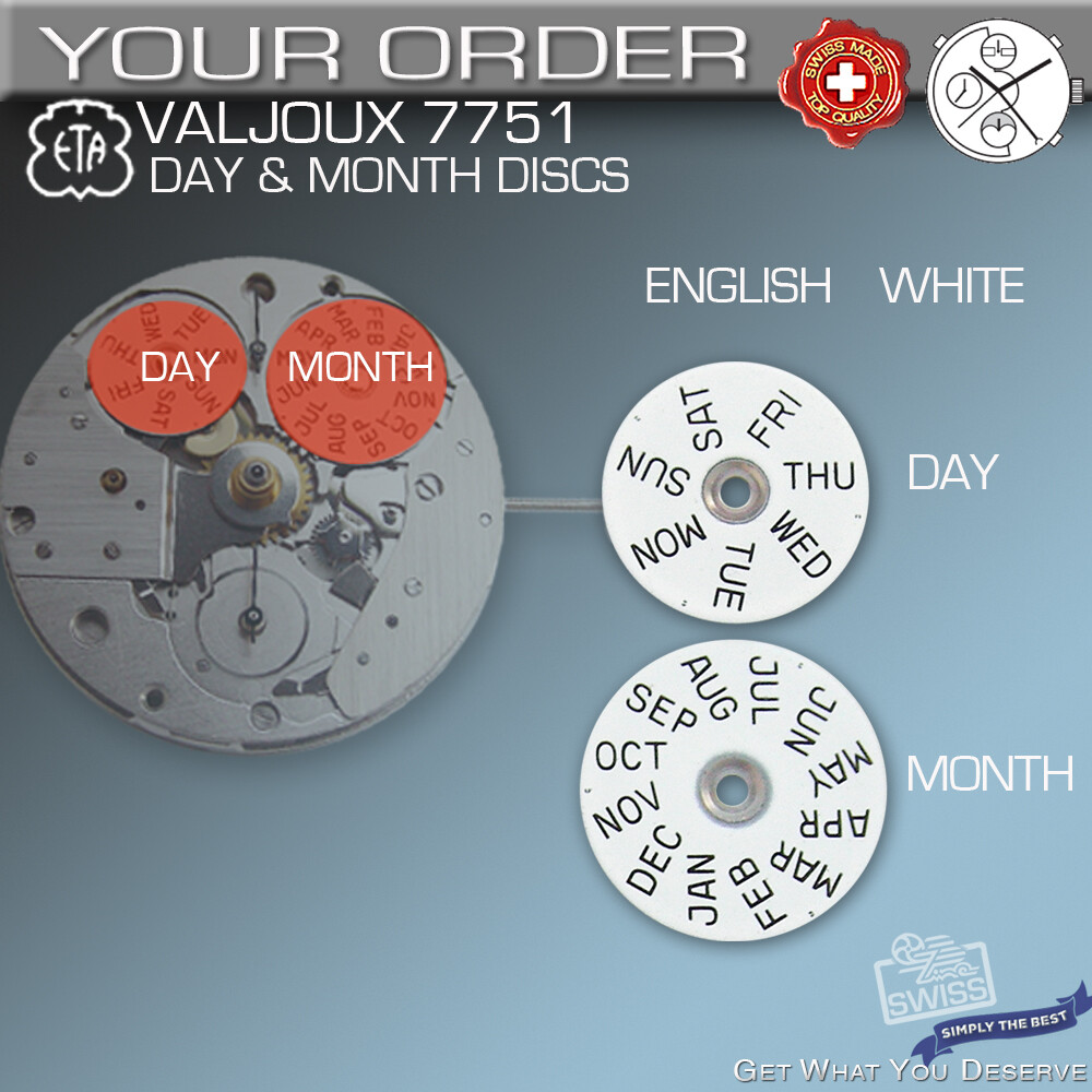 DAY + MONTH DISC MOVEMENT ETA VALJOUX 7751, 8 VARIATIONS + SCREWS TO CHOOSE