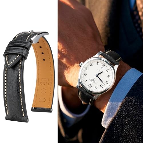 Quick Release Leather Watch Band, Two Tone Oil 21mm Black / Silver Buckle