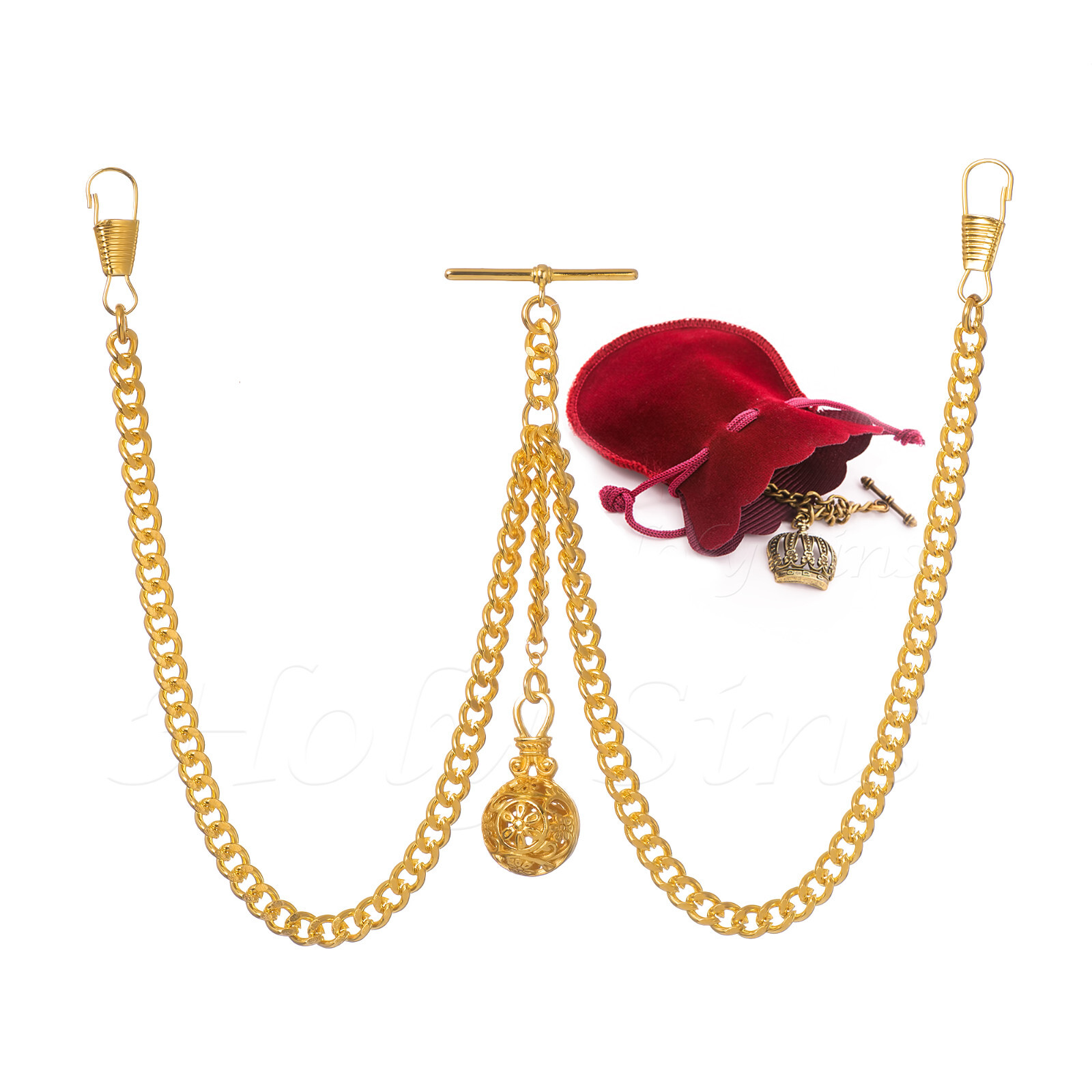 Brand New Gold Colour Double Albert Pocket Watch Fob Chain With Hollow Pendant