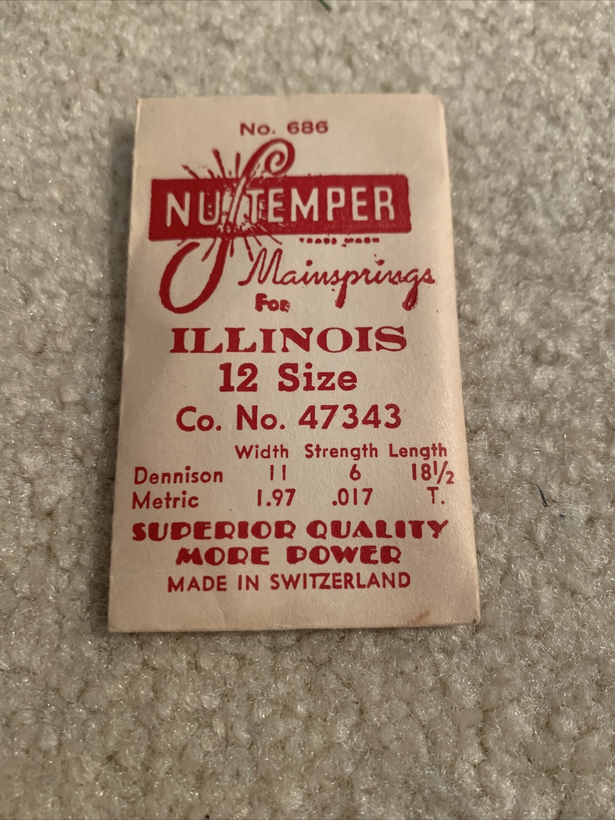 NuTemper Mainspring #686 For Illinois 12 Size Co. No. 47343 Swiss 11W 6S 18.5L