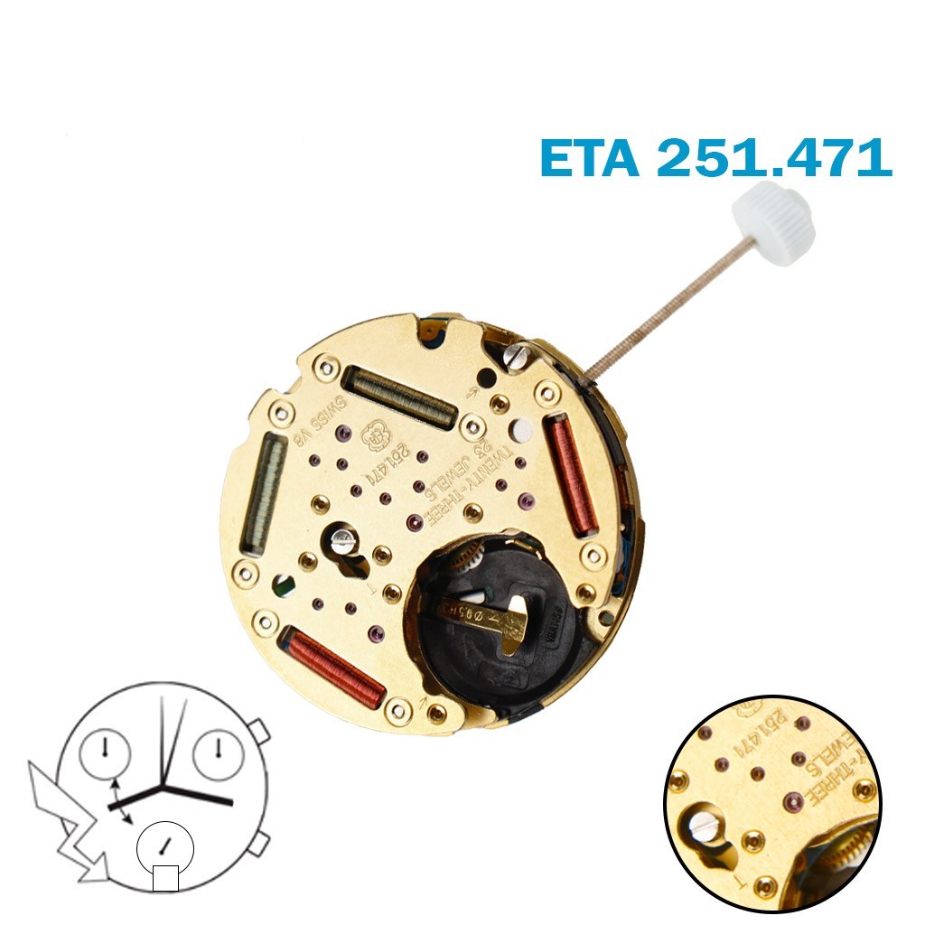 ETA 251.471 Swiss Chronograph Movement-White Date at 6-3 Counter.