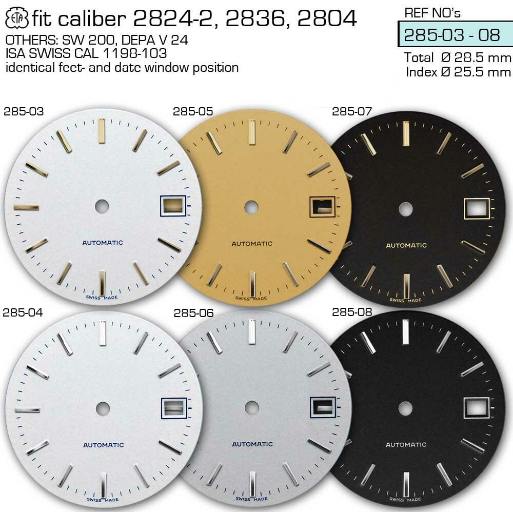 DIAL FOR MOVEMENT ETA 2824-2 or SW 200, Ø 28.5MM, different colors