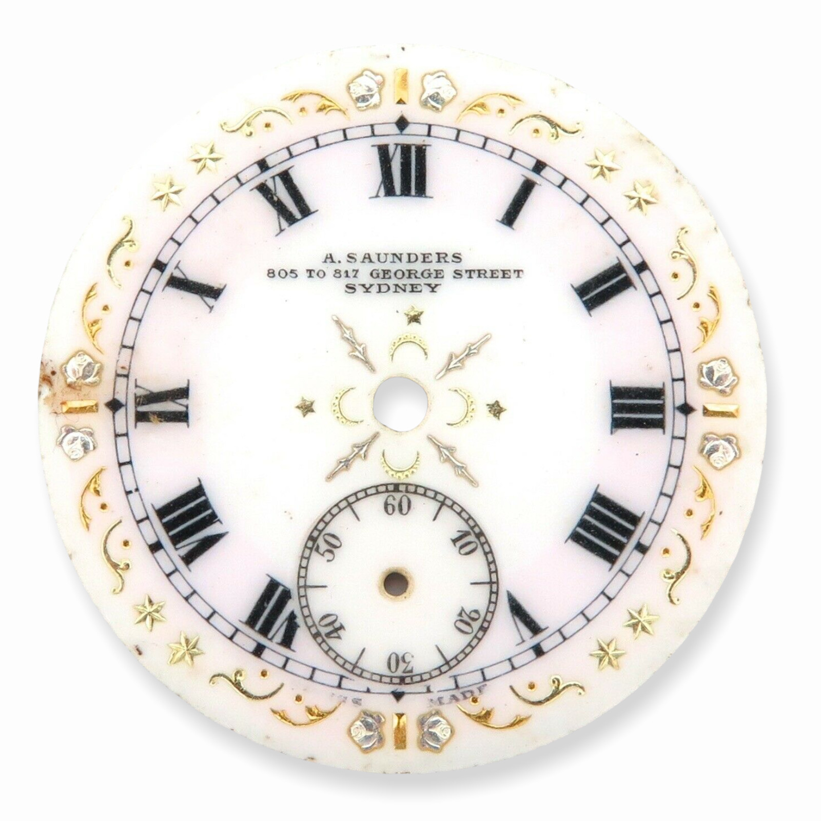 .SUPERB DECORATIVE EARLY 1900s A. SAUNDERS, GEORGE ST, SYDNEY POCKET WATCH DIAL