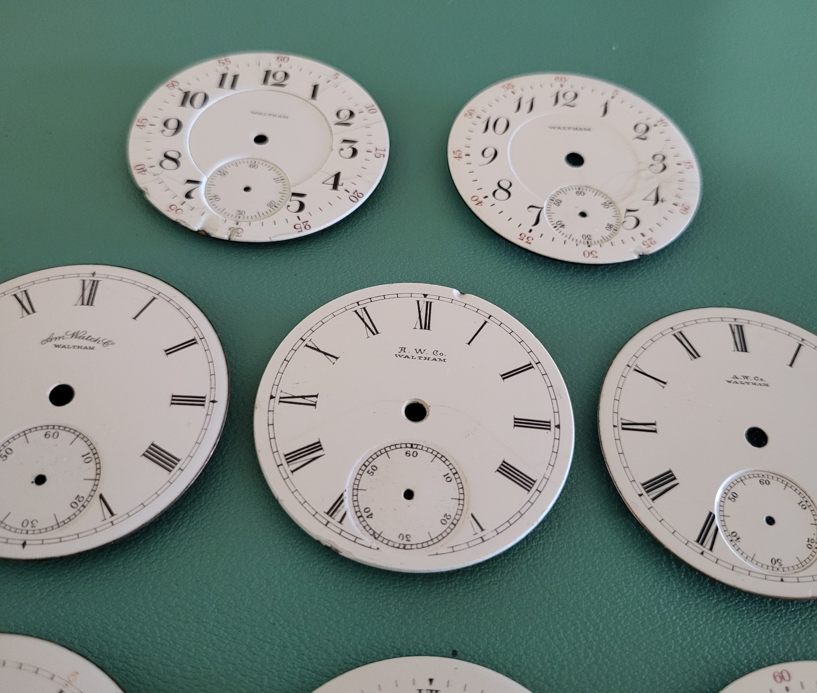 Eight 18s Waltham Enamel Dials For Parts Or Repairs