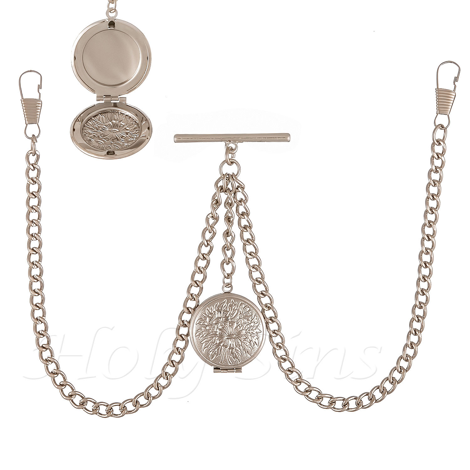 Brand New Silver Colour Double Albert Pocket Watch Fob Chain With Locket