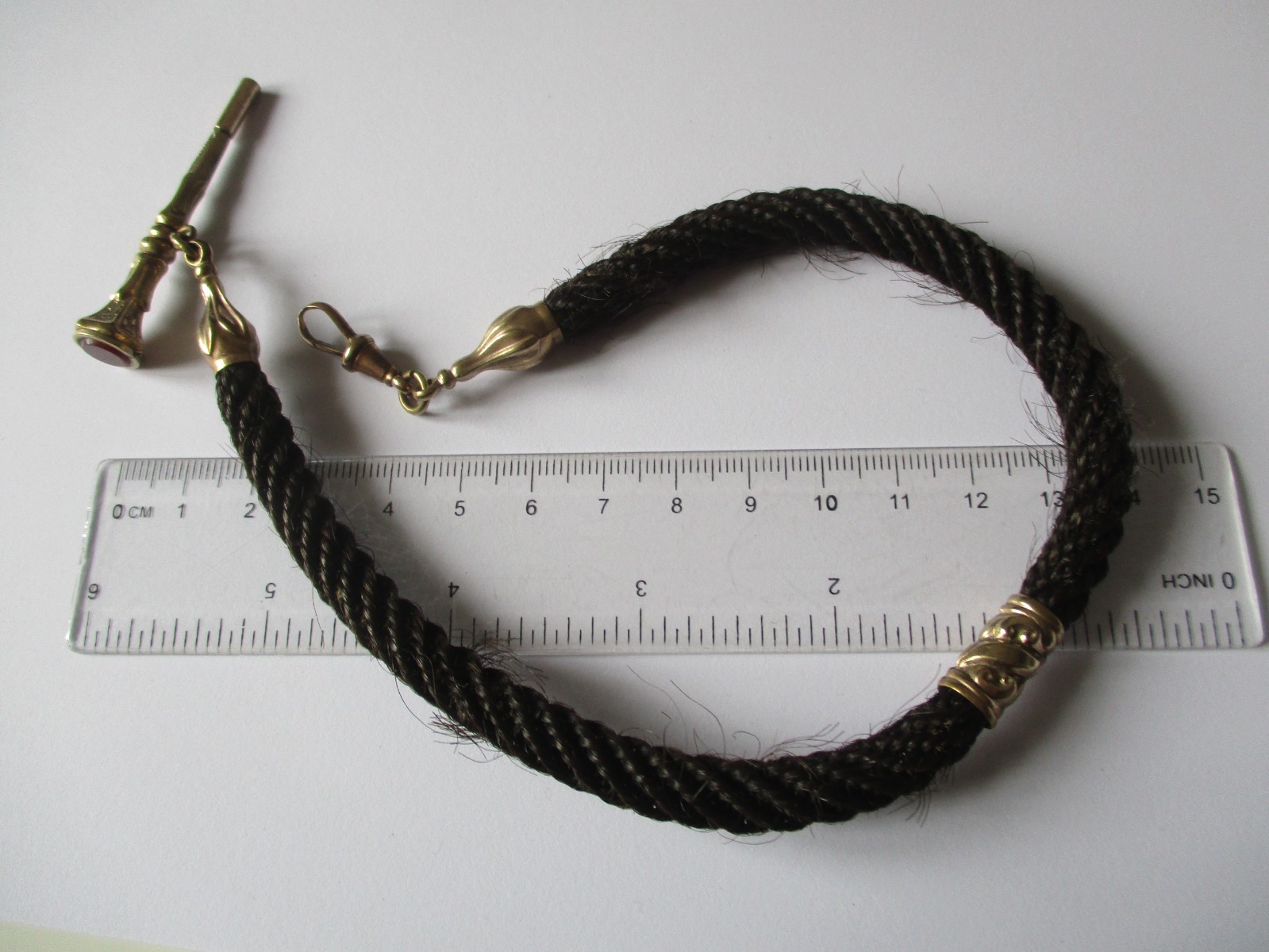 Victorian hairwork Albertina pocket watch chain & winder – mourning jewellery