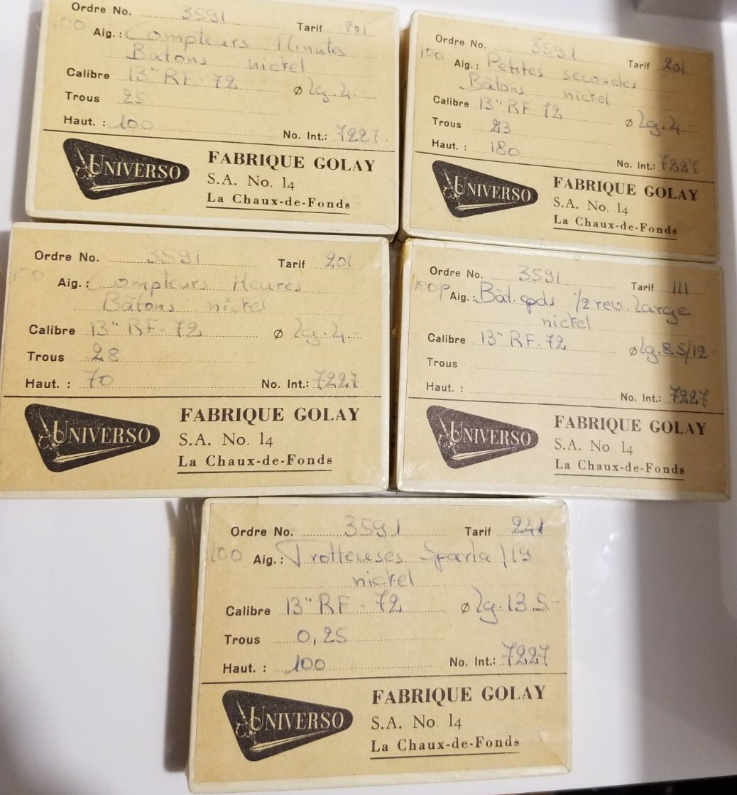 New Old Stock 1960’s Valjoux 72 Chronograph Complete Universo Silver Hand Set