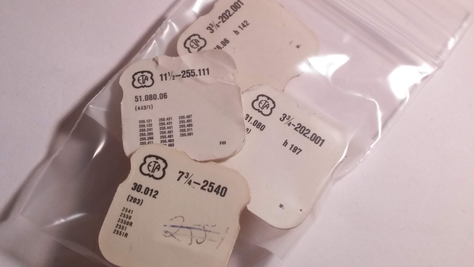 LOT of ETA Parts 11 1/2 255.111, 3 3/4 202.001 240, 142/250, 7 3/4 2540 203. 4 p