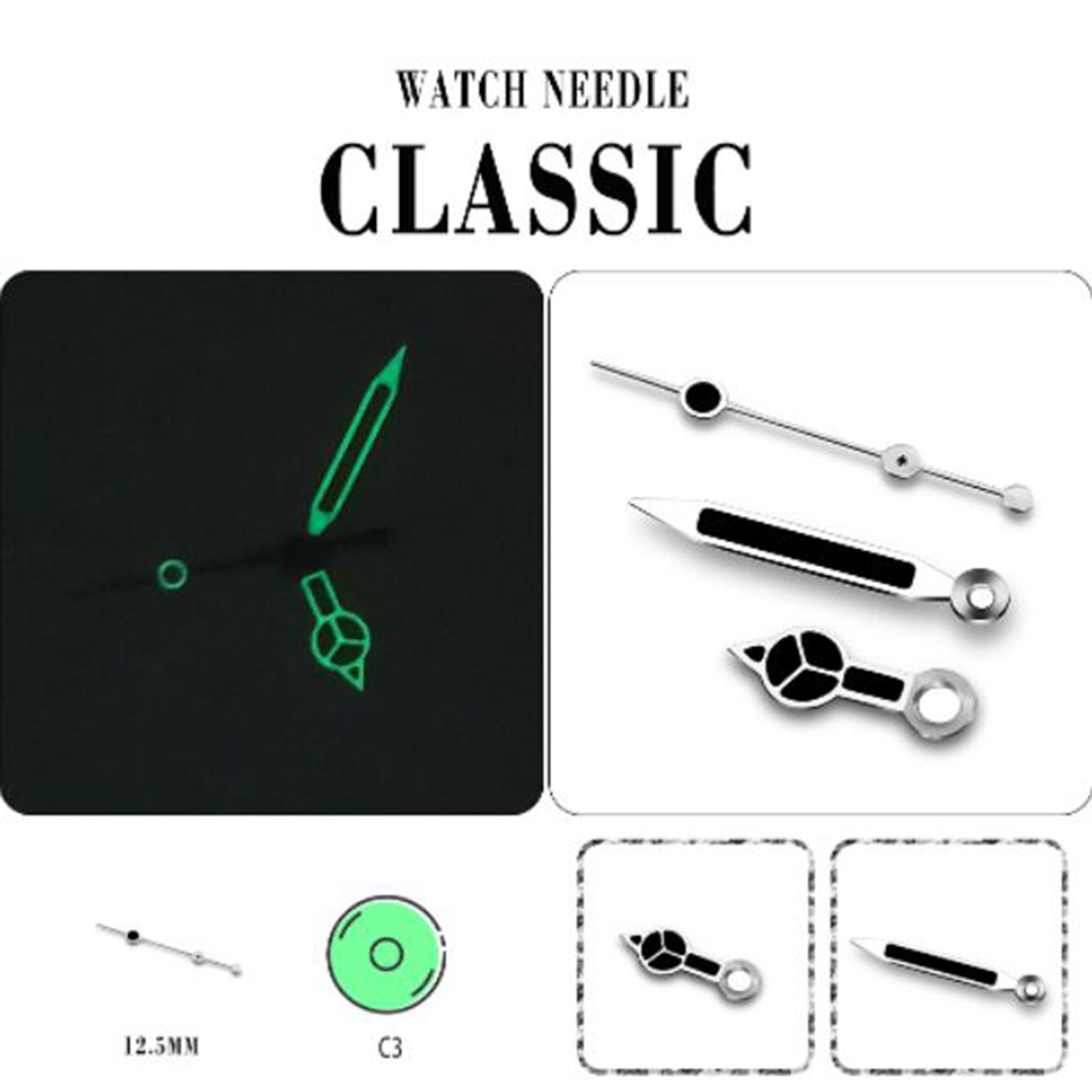 Black Watch Hands with Silver White Edge Green Luminous for NH35/NH36 Movement