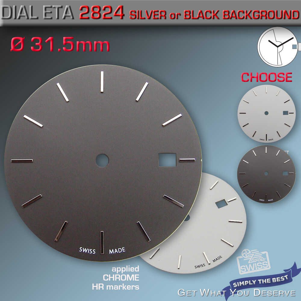 DIAL, ETA 2824-2 + SW 200, Ø 31.5 MM, DATE 3, BLACK+SILVER, APPLIED HR MARKERS