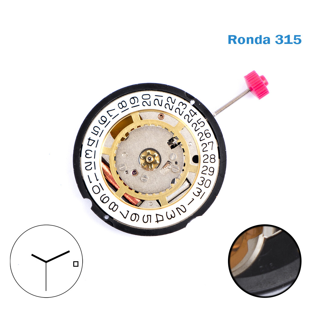 Ronda 315 Quartz Swiss Made Movement, White Date Disk at 3.