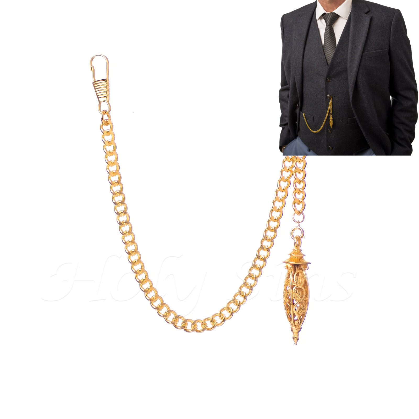 Brand New Gold Colour Single Albert Pocket Watch Fob Chain With Hollow Pendant