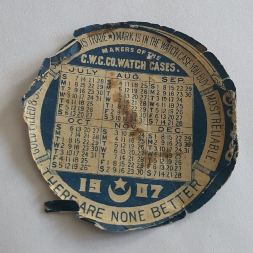 1907 Crescent Watch Case Co Paper Calendar Repair Insert Newark N.J.