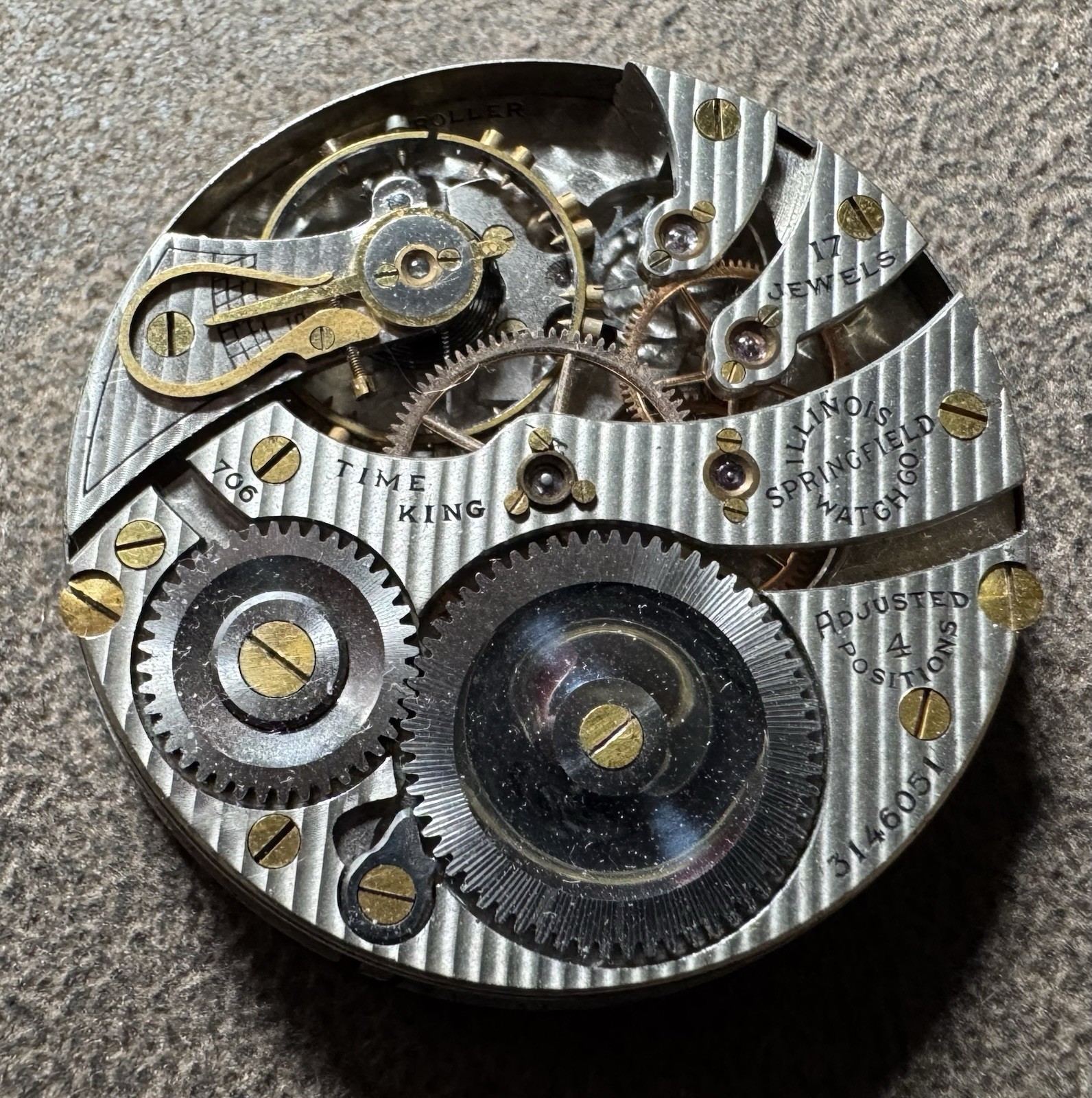 ILLINOIS TIME KING 16S 17J GRADE 706 PW LS ADJ TO 4 POS POCKET WATCH MOVEMENT