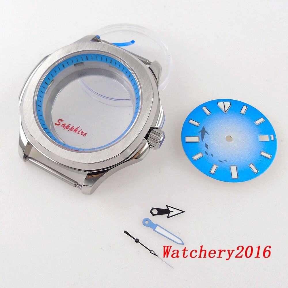 40mm Square Watch Case Glass Back Blue Dial Hand Sapphire Glass fit NH35 NH36