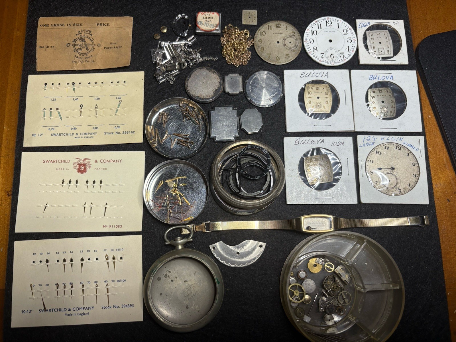 Vtg Watch Repair Lot Elgin Bulova Waltham Dials Hands Cases Parts Movements