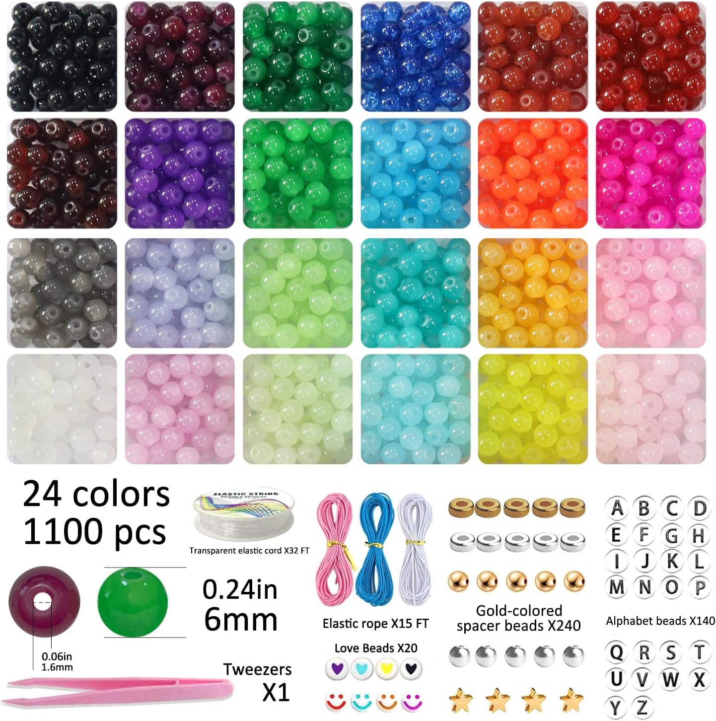 6Mm Glass for Bracelets 1400Pcs, 24 Colors round Crystal Glass Bracelet Making K