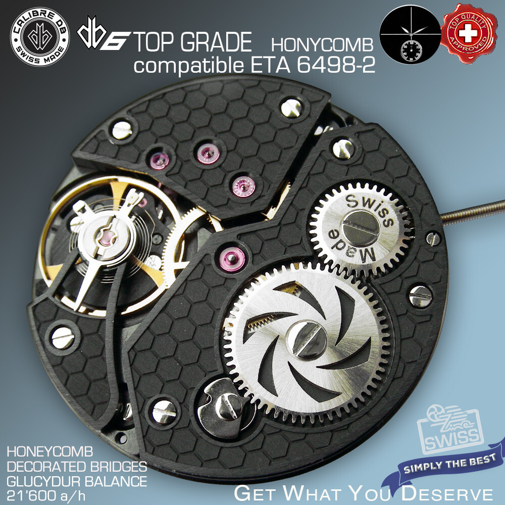 MOVEMENT CALIBRE DB6 BLACK compatib. ETA 6498-2, HONEYCOMB, TOP GRADE SWISS MADE