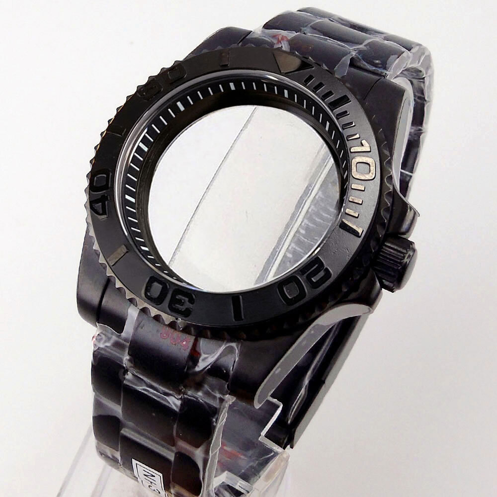 40mm Black PVD Sapphire Glass Watch Case Fit NH35A NH36A ETA2824 PT5000 Rubber