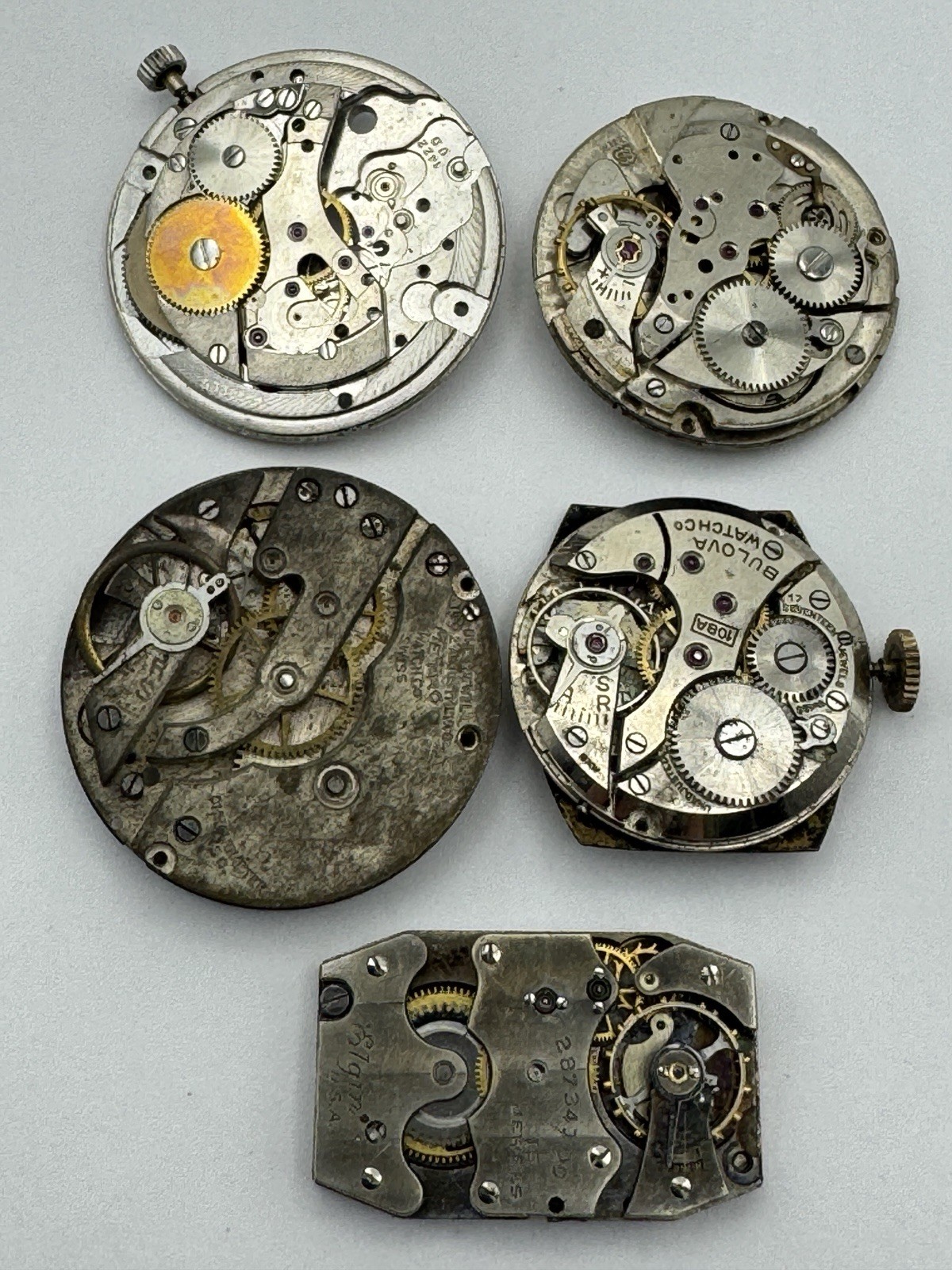 Lot Of 5 Men’s Partial Watch Movements For Parts Or Repair