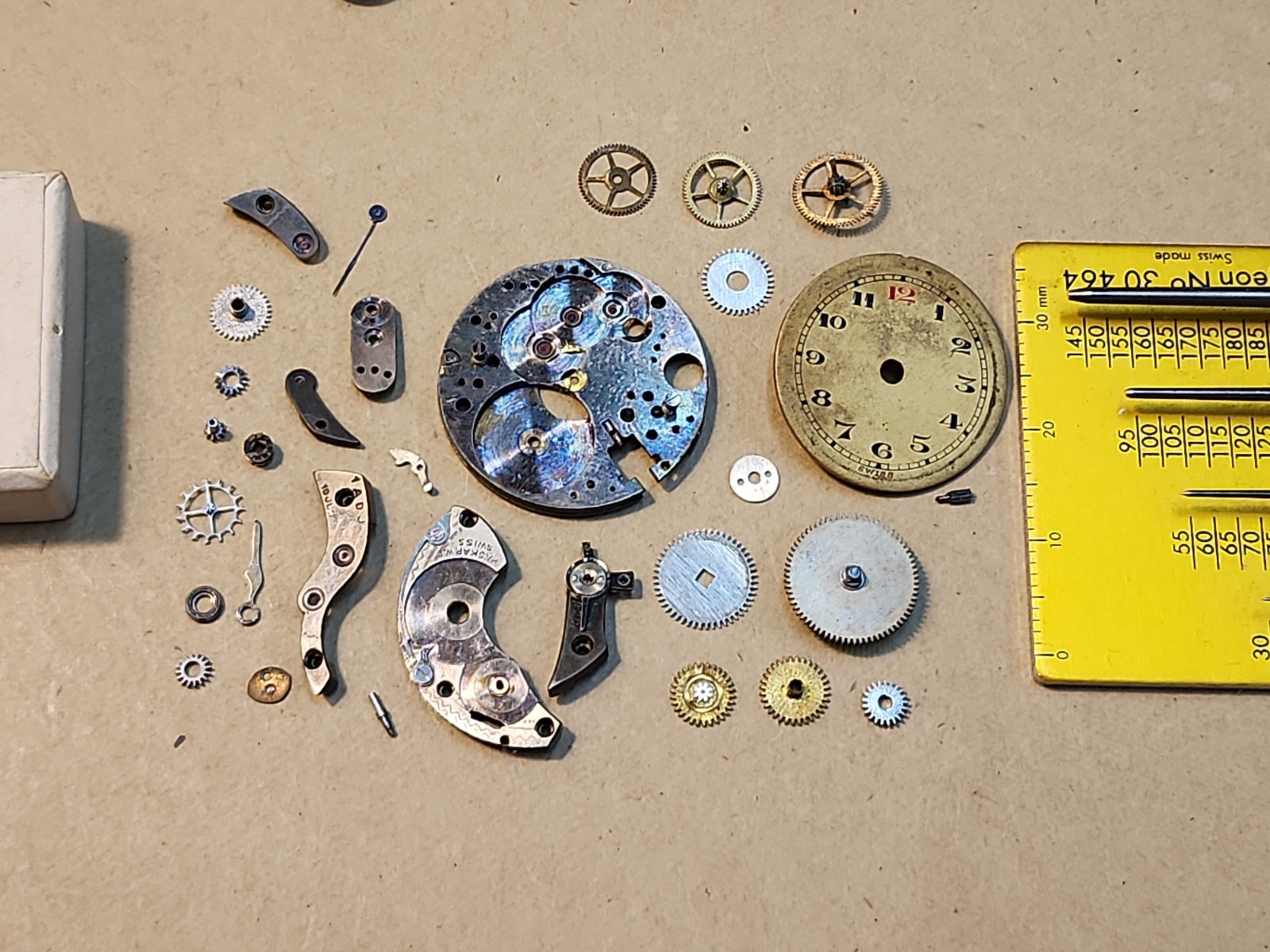 Lot Of Mixed AS? 10-1/2L Watch Parts-Plates, Bridges, Wheels, Dial-Parts Spares