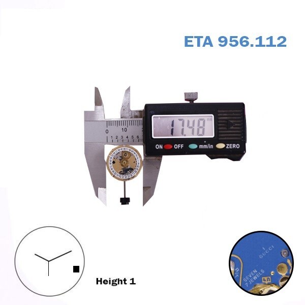 ETA 956.112 Gucci-1 Swiss Made Watch Movement, White Date Disk at 4, Height 1.