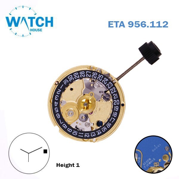 ETA 956.112 Gucci -1 Swiss Made Movement, Black Date Disk at 3, 3Hands, Height 1