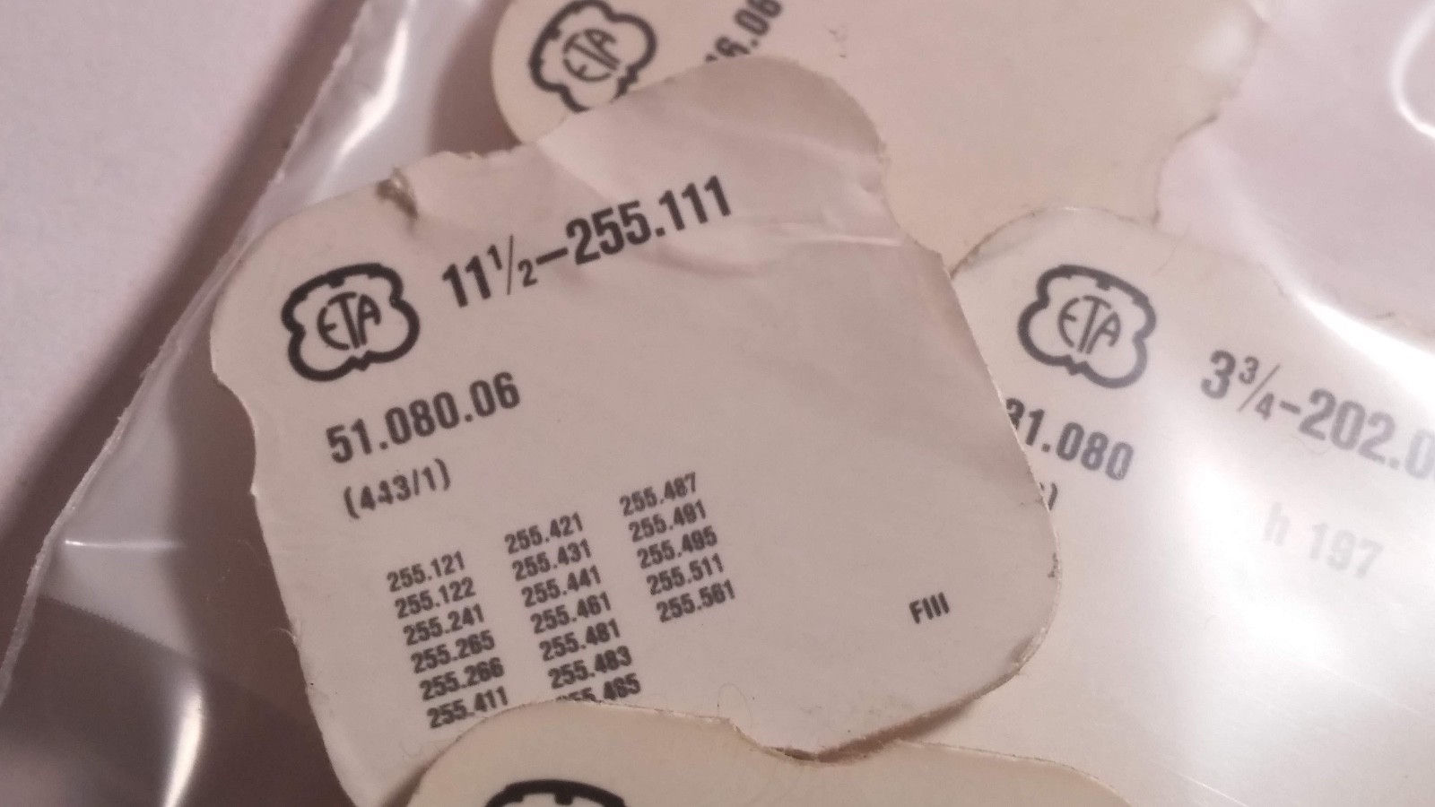 LOT of ETA Parts 11 1/2 255.111, 3 3/4 202.001 240, 142/250, 7 3/4 2540 203. 4 p
