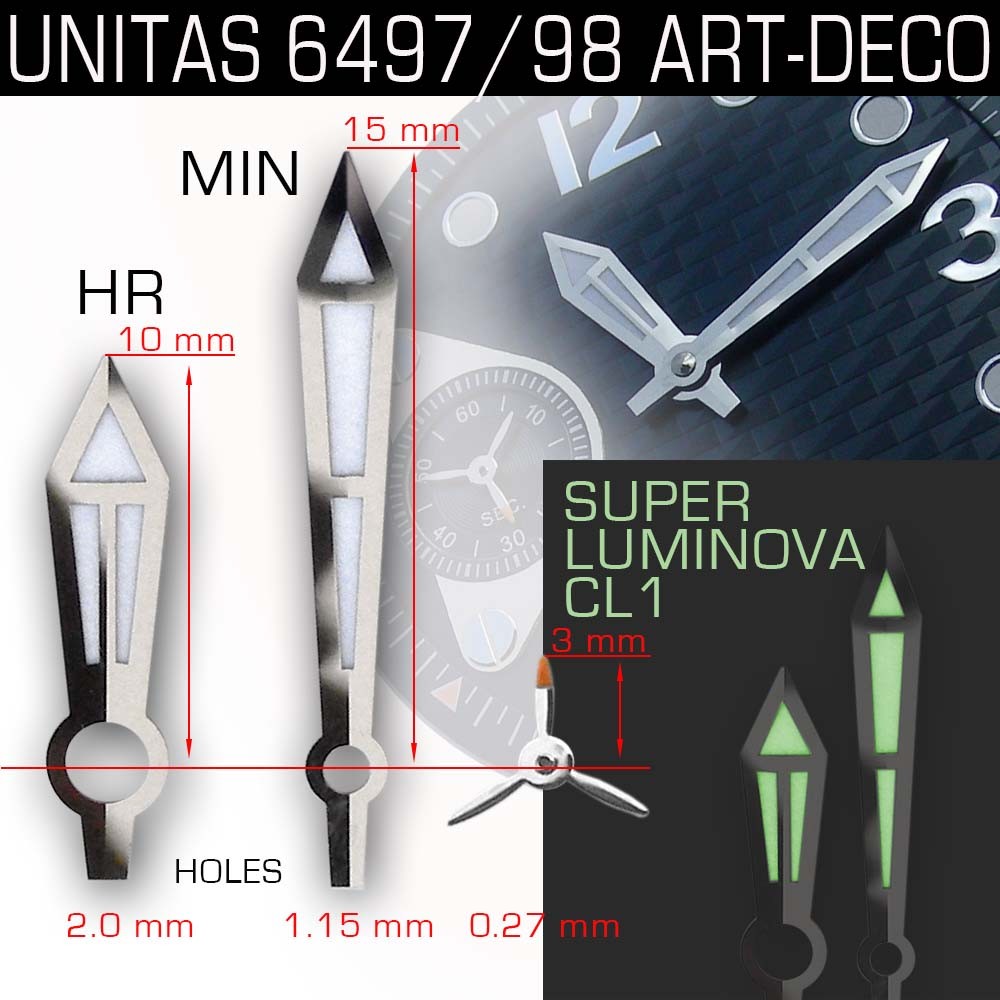 HANDS SET FOR MOVEMENT ETA UNITAS 6497/6498, ART DECO WITH PROPELLER SECOND