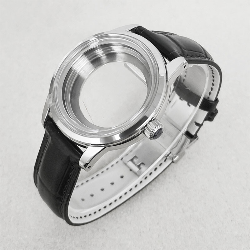 39mm Silver GS Watch Case Leather Band Strap Fit SEIKO NH35 NH36 /4R/7S Movement