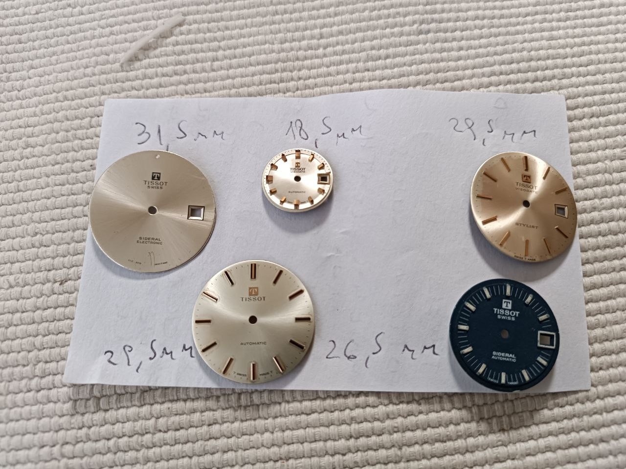 LOT OF 5 DIFFERENT TISSOT DIALS VINTAGE REPLACEMENTS FROM Ca. 1970 (C)