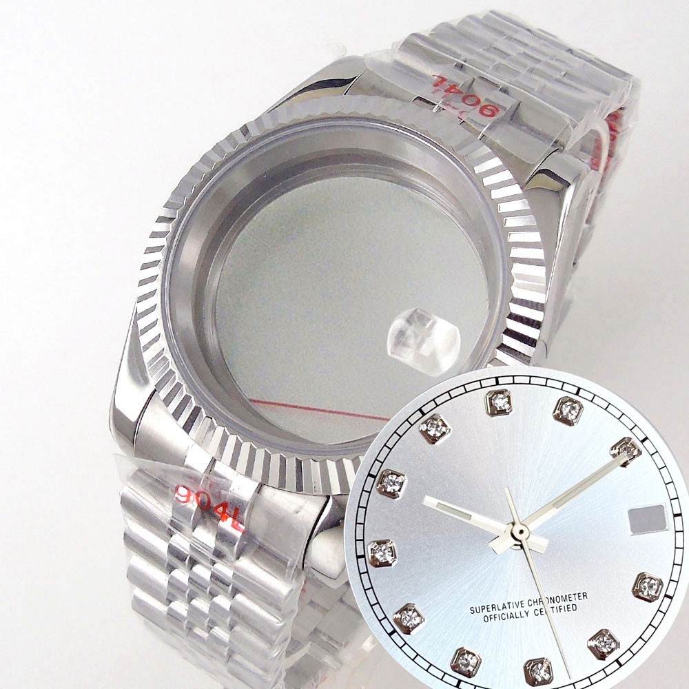Fluted Bezel 36MM Sapphire Glass Watch Case Set Fit Japan NH35 NH36 movement
