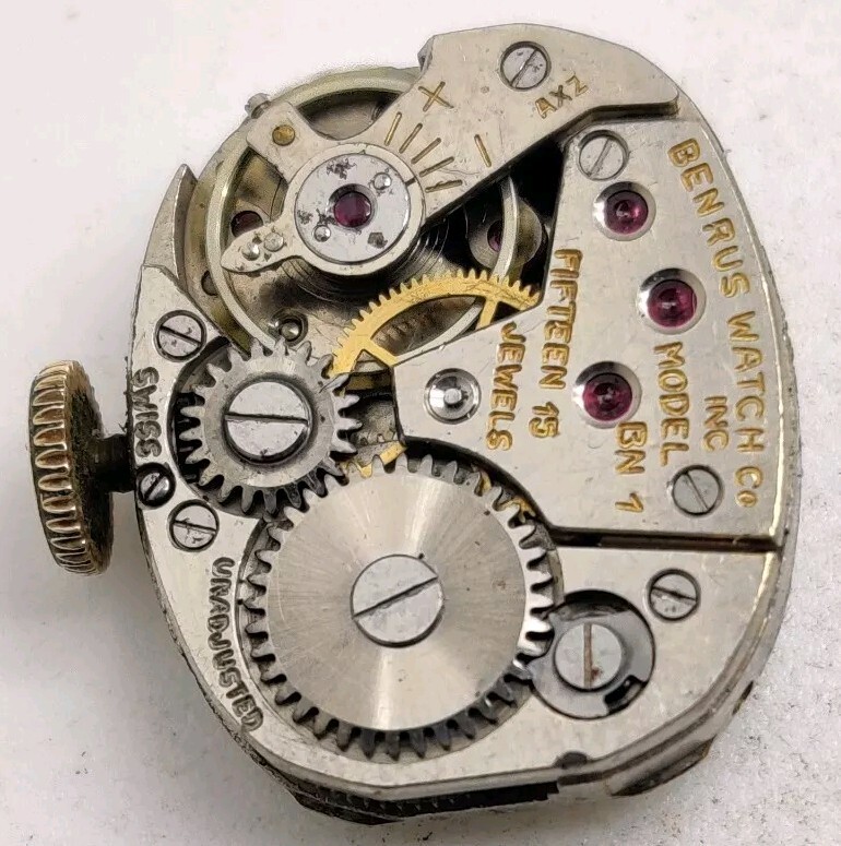 Vintage Benrus Model BN1 15 Jewel watch movement running Diamond Dial