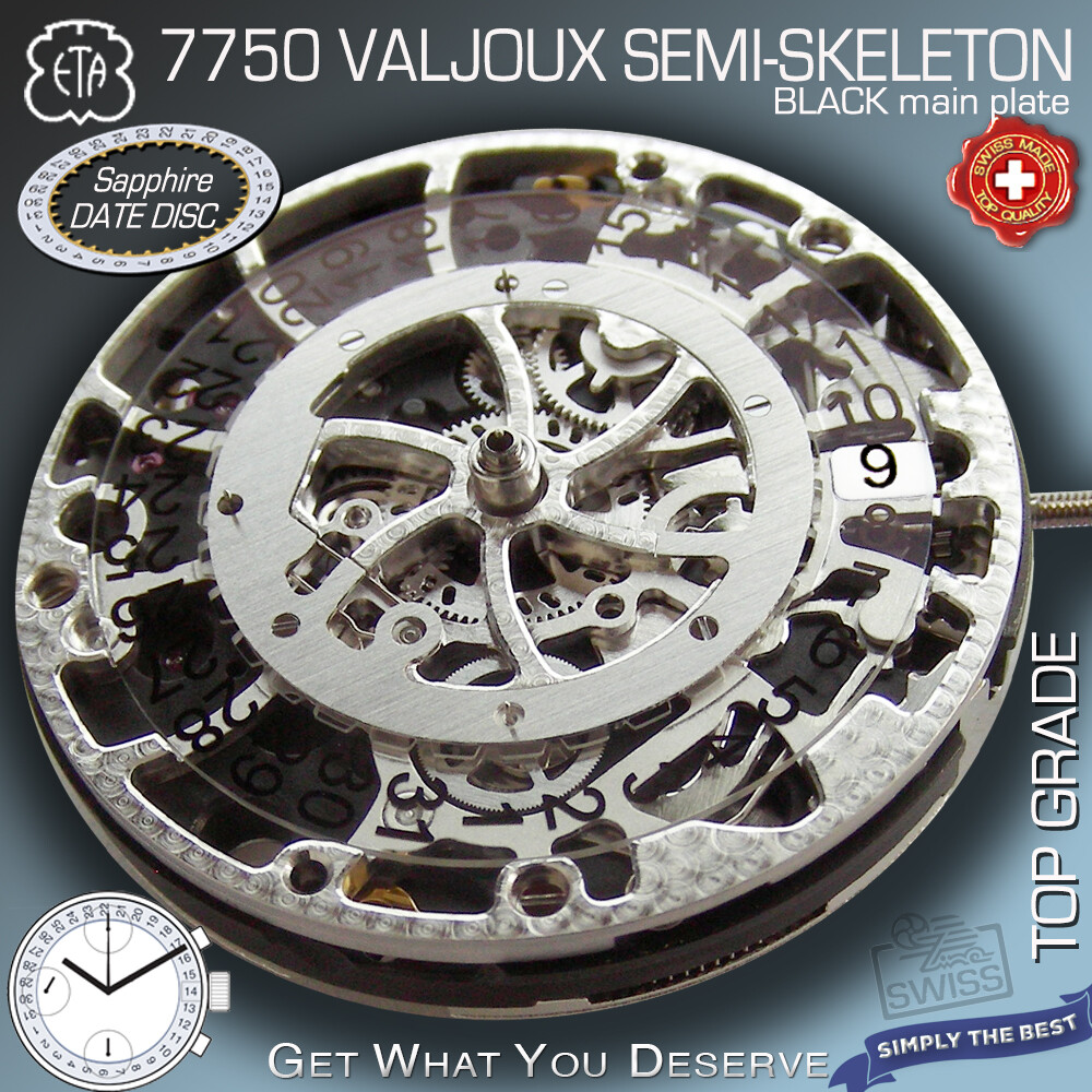 MOVEMENT ETA VALJOUX 7750, AUTOMATIC CHRONOGRAPH, SEMI SKELETON, BLACK MAINPLATE