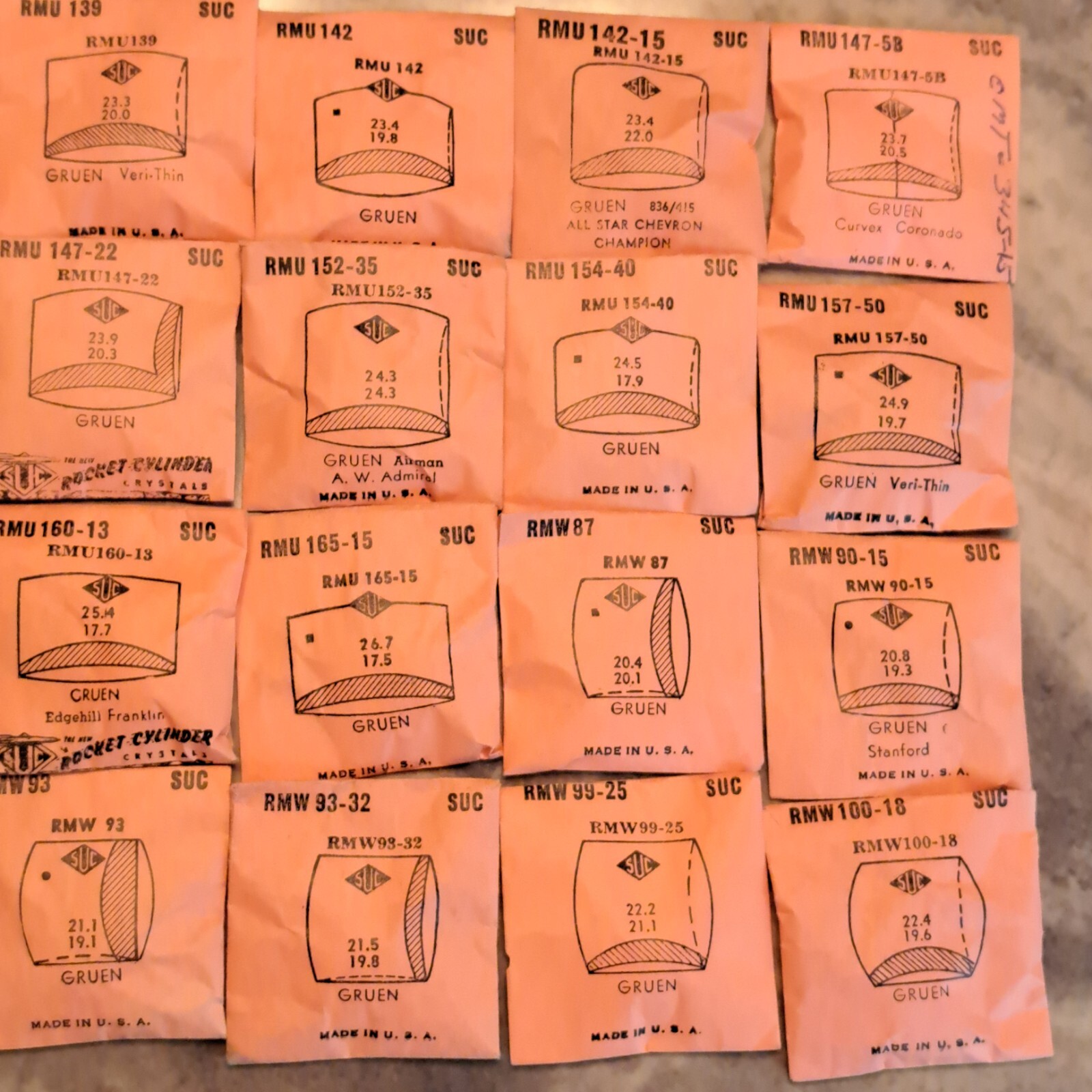 GRUEN WATCH CRYSTALS NOS – SUC BRAND many varieties (RMU to RMY) page 3 0f 3