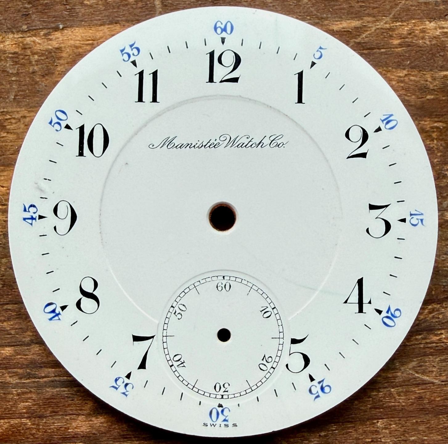 ANTIQUE 16 SIZE MANISTEE WATCH COMPANY PORCELAIN ENAMEL POCKET WATCH DIAL MINT