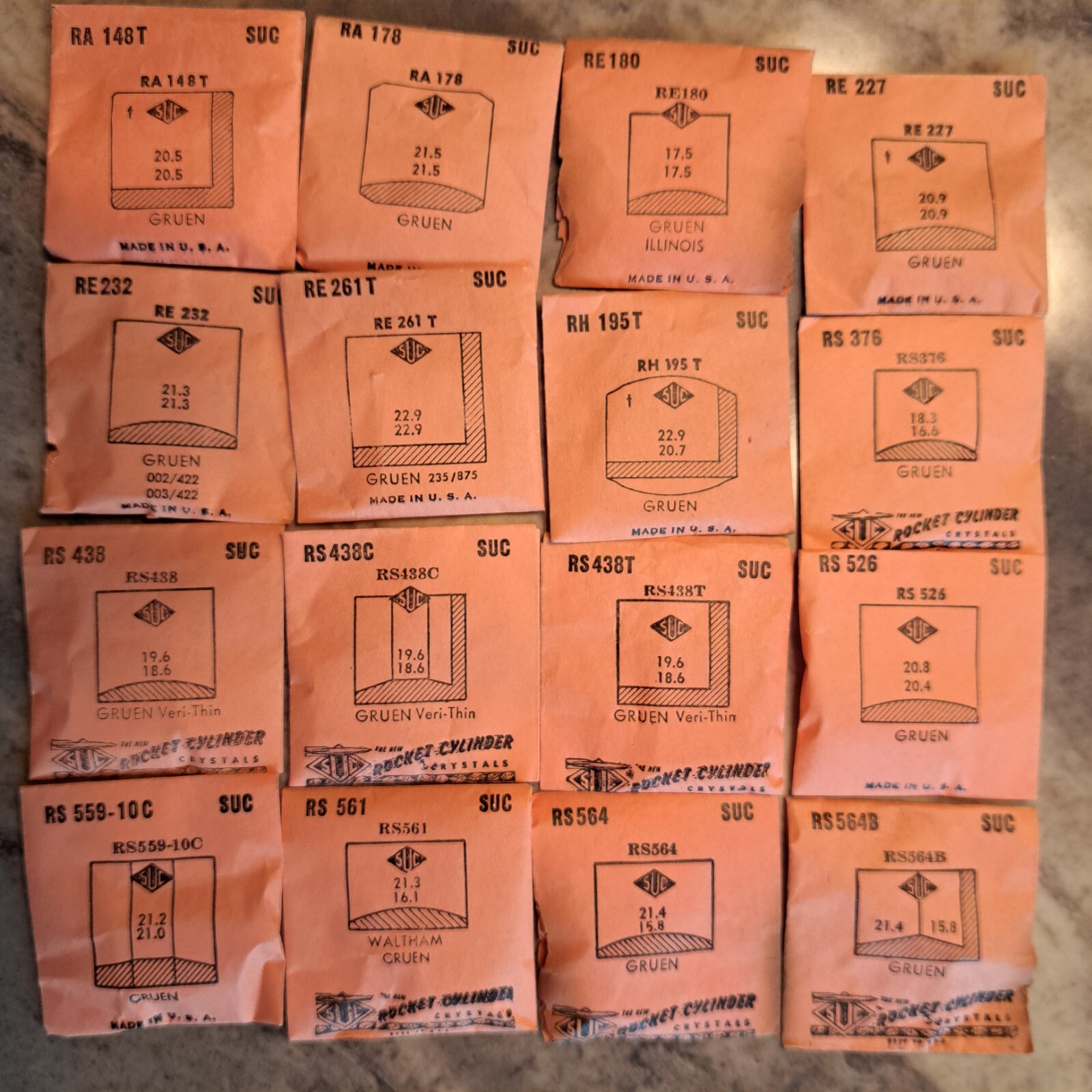 GRUEN WATCH CRYSTALS NOS – SUC BRAND many varieties (RA to RMN) page 1 0f 3