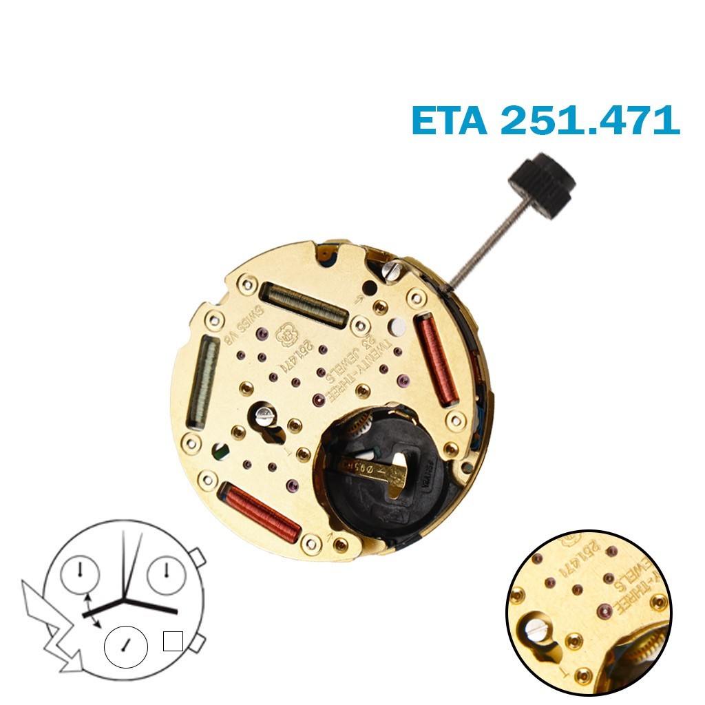 ETA 251.471 Swiss Chronograph Movement-H:6:81mm-Blue Date at 4-3 Counter.