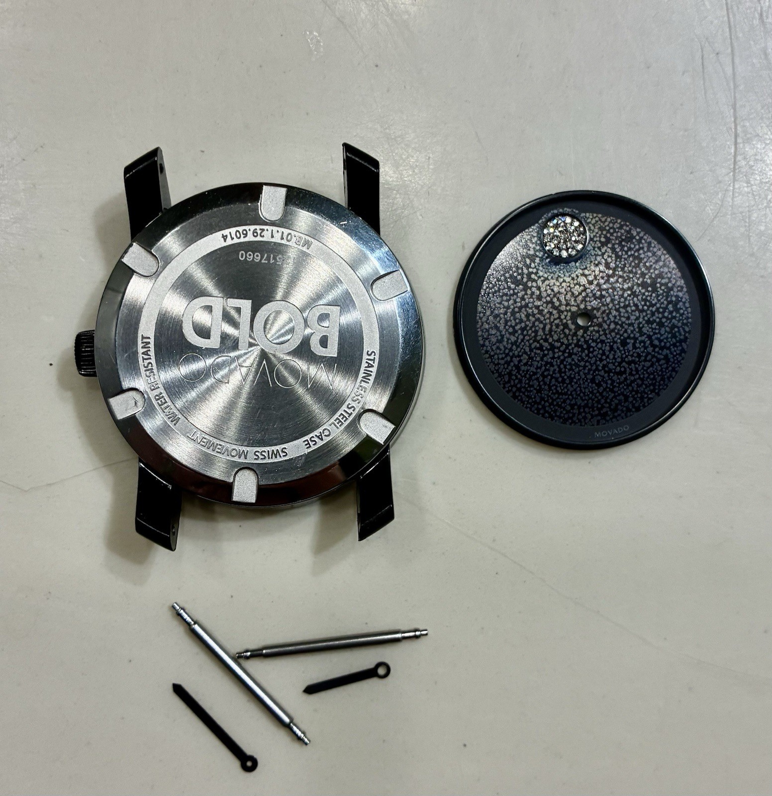 Movado Bold Watch Parts Crystal,Case, Hands, Face, Bars Black Silver Steel317660