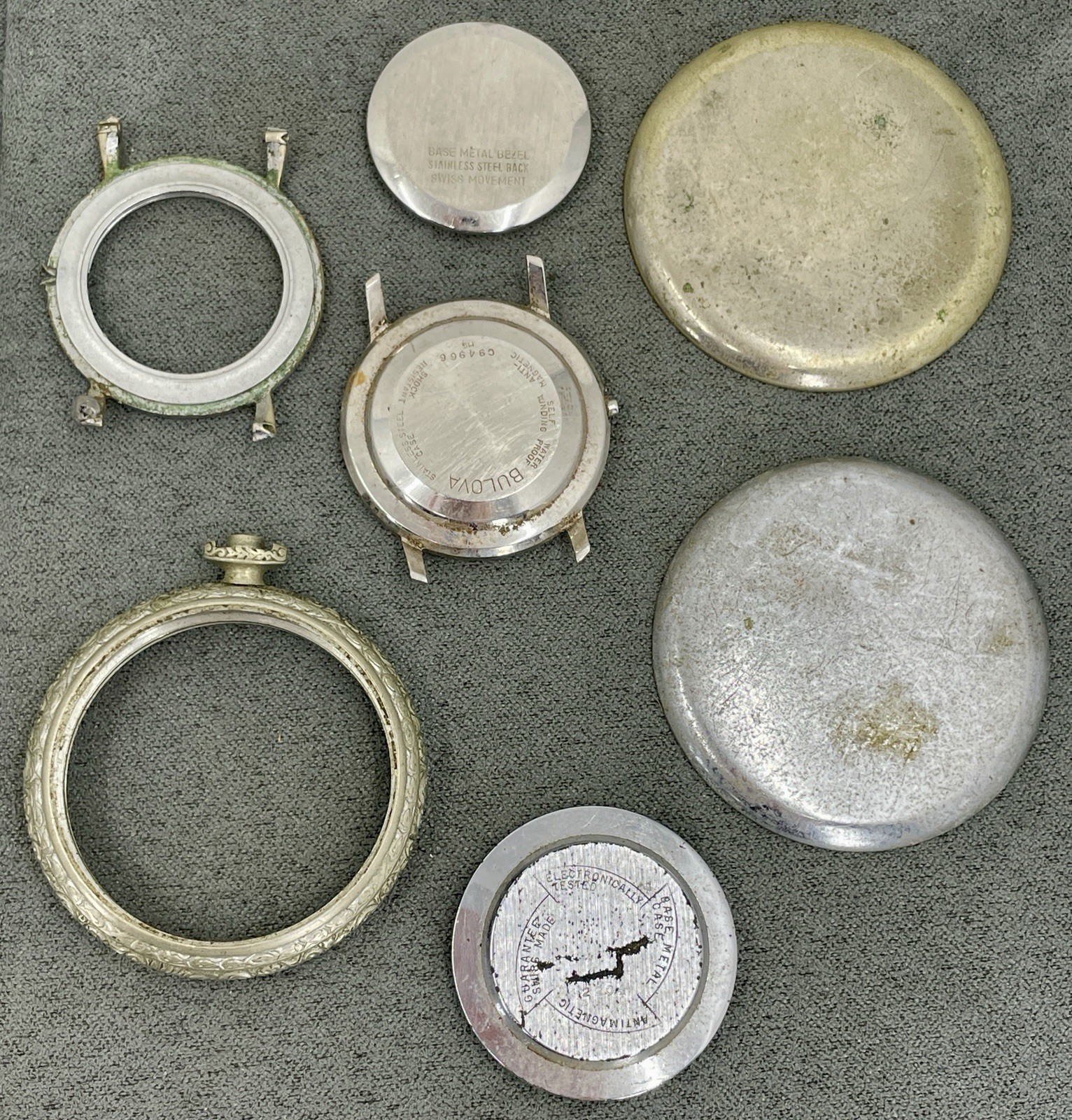 Watchmaker Parts Lot # 7 Movements, 8 Day Plate, Cases. Waltham, NY Standard, Et