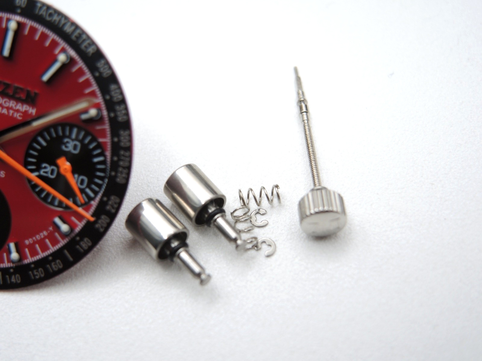 NEW RED DIAL CITIZEN, PUSH BUTTONS, CROWN & STEM FOR VINTAGE BULLHEAD 8110 WATCH